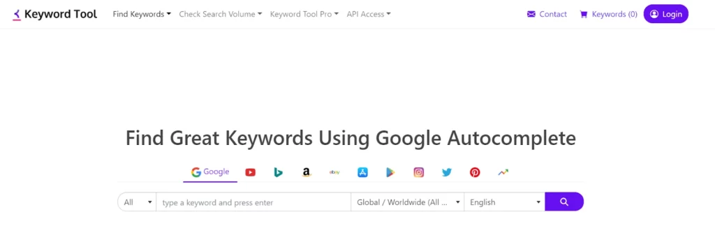 keyword tool homepage