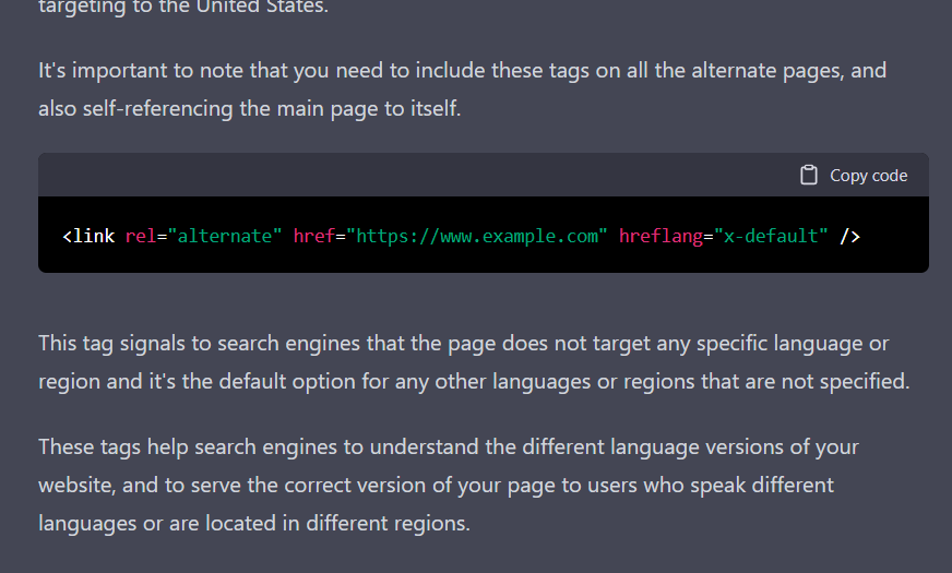 Example of default hreflang tags generated by Chatgpt