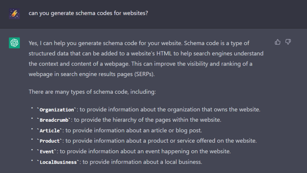 Example of how to use Chatgpt for generating schema codes