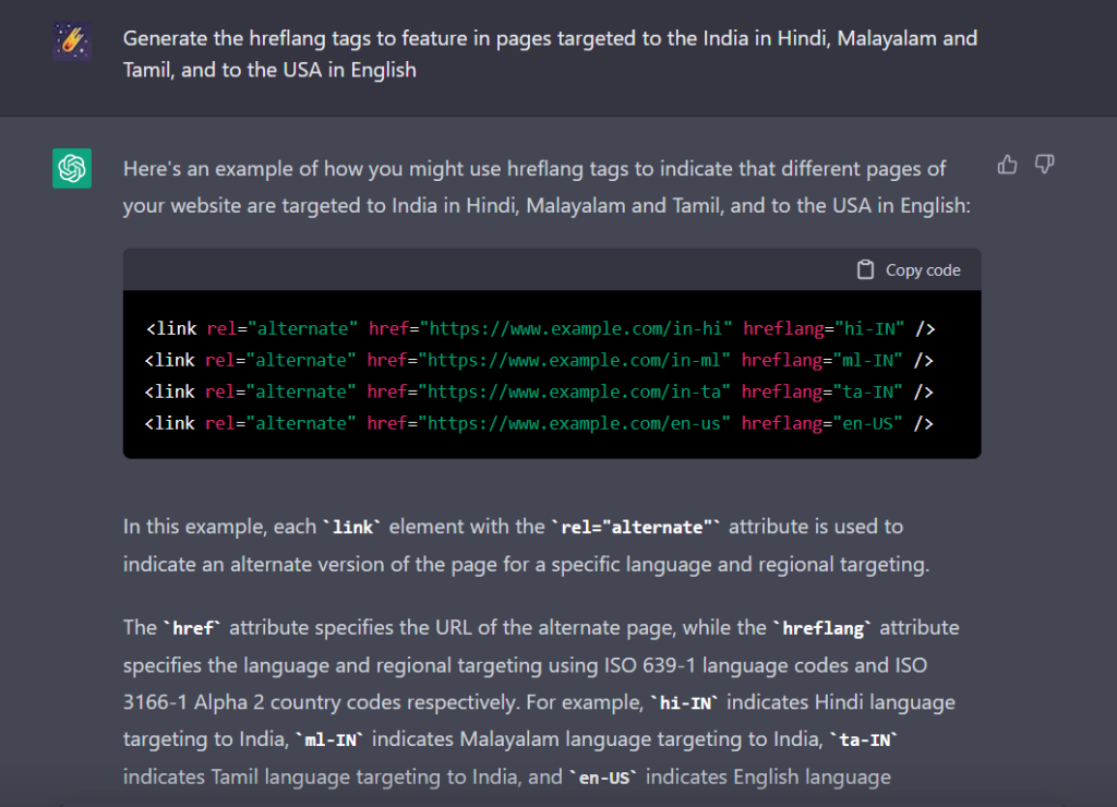 Example of hreflang tags generated by Chatgpt