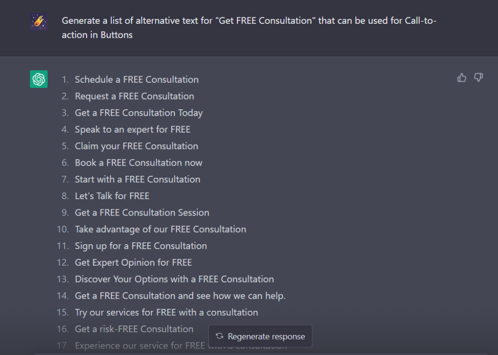 Example of using Chatgpt for generating text CTA