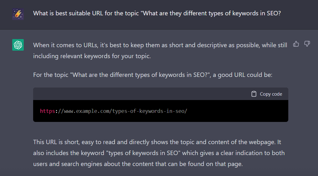 Example of using Chatgpt for generating url structure