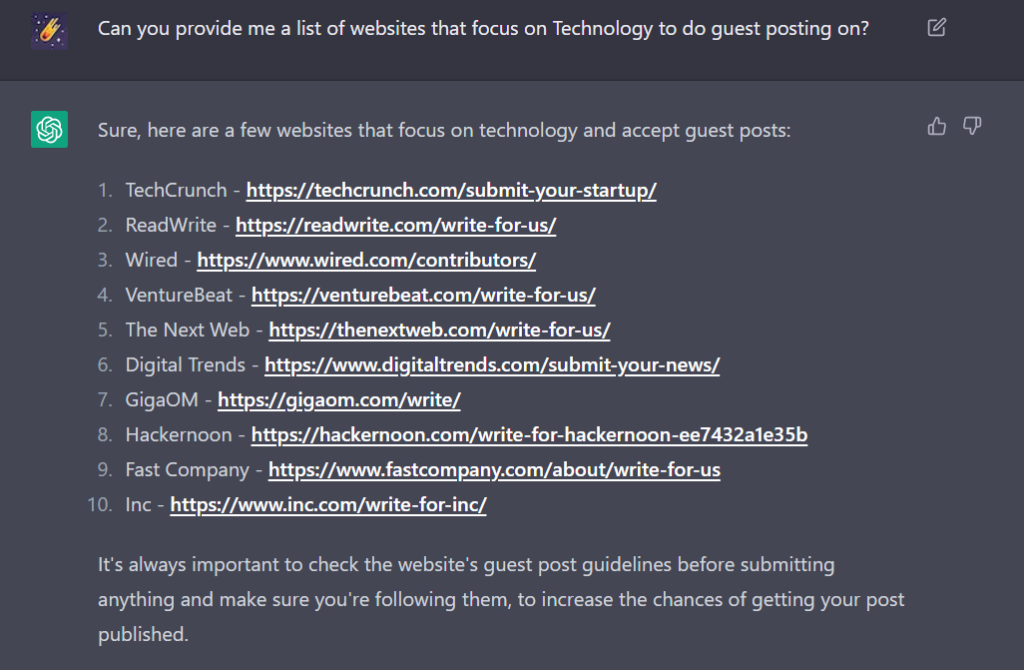 How to use Chatgpt to get a list of guest posting site