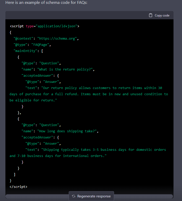 example of faq schema code generated by Chatgpt