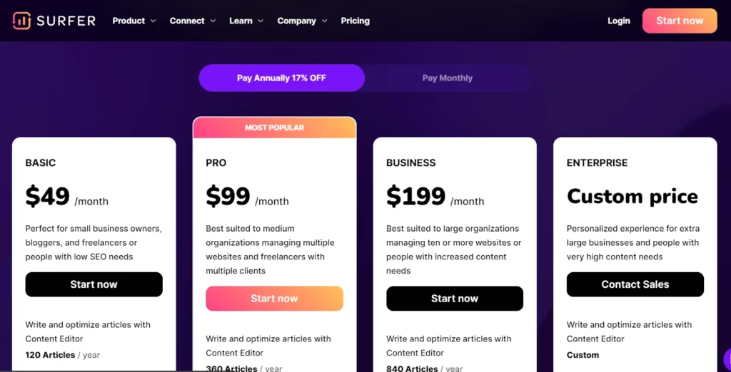 SurferSEO pricing page