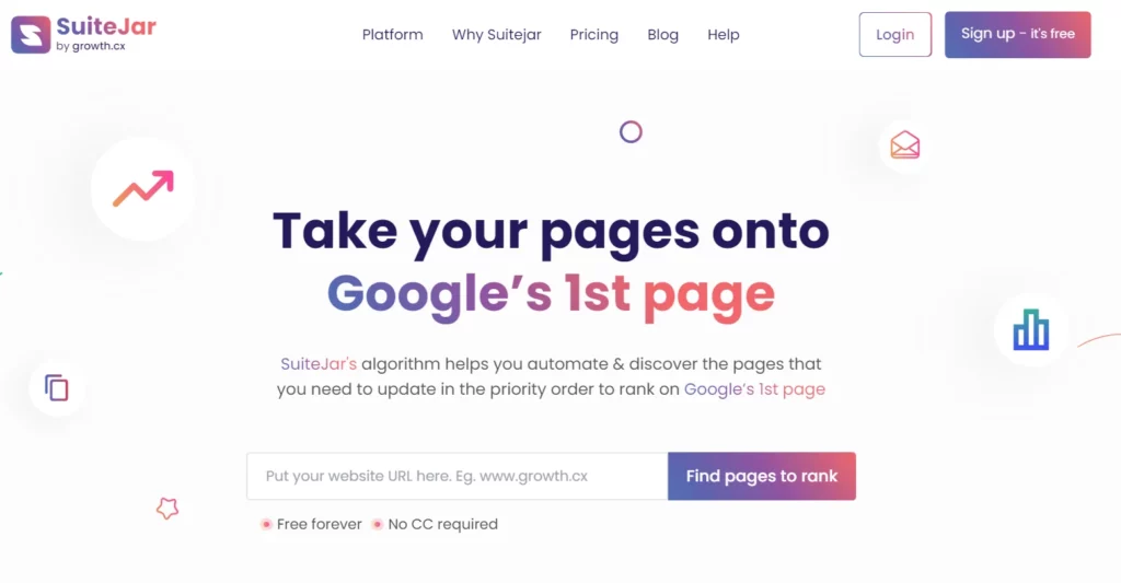 Homepage of the SEO content analysis tool, SuiteJar