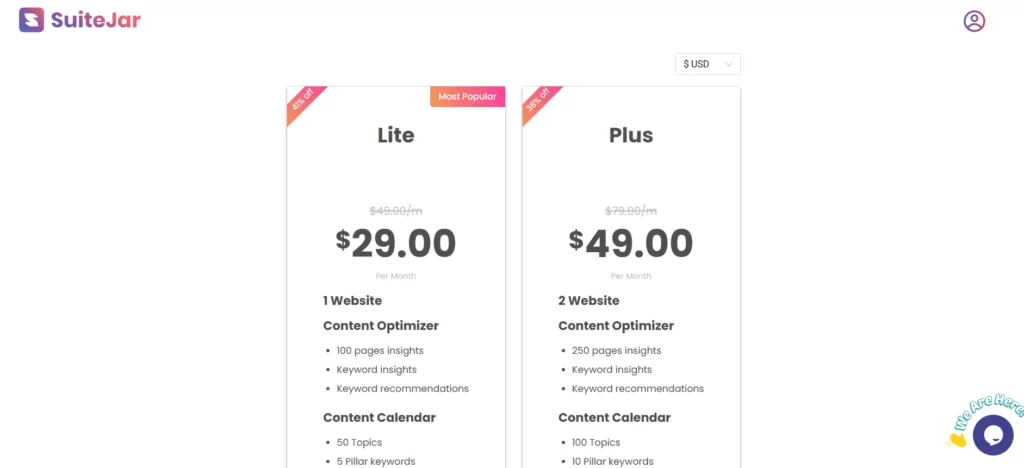 Suitejar seo content analysis tool pricing page