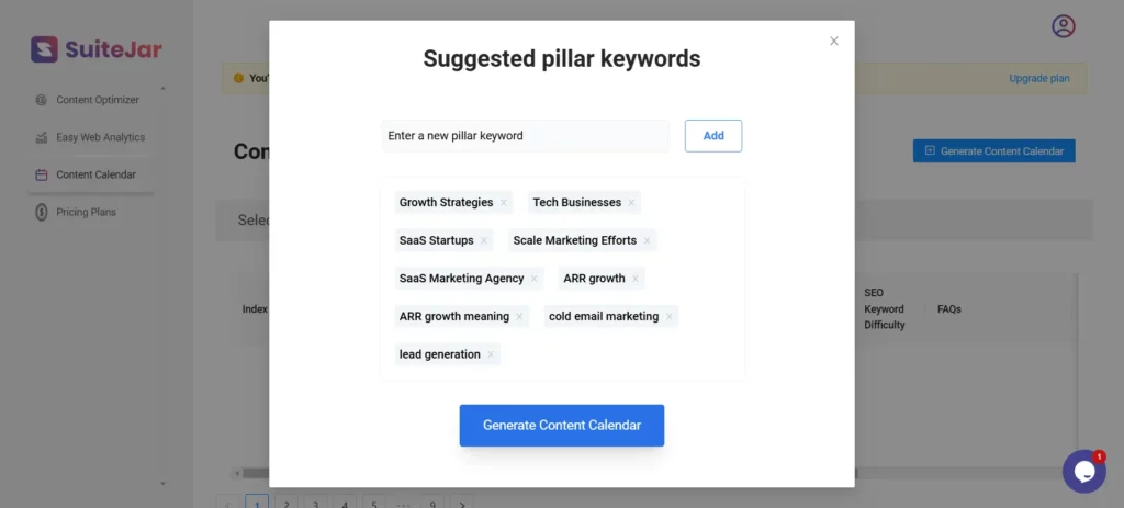 Suitejar content calendar Keyword interface