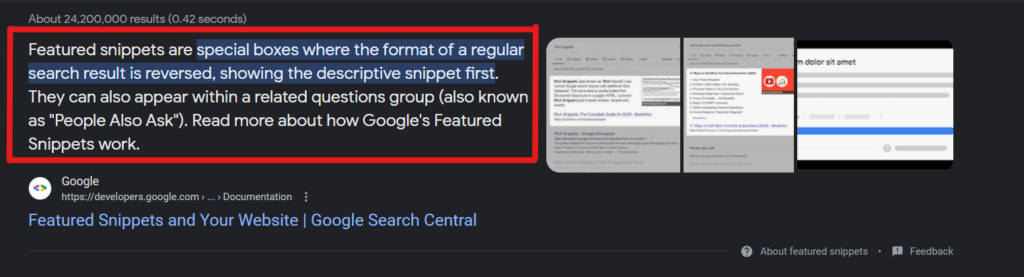 Featured snippet for the search query “what are featured snippets”