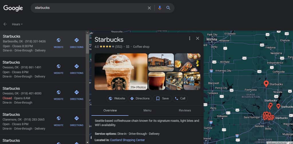 Starbucks using GMB listing to improve their local SEO visibility