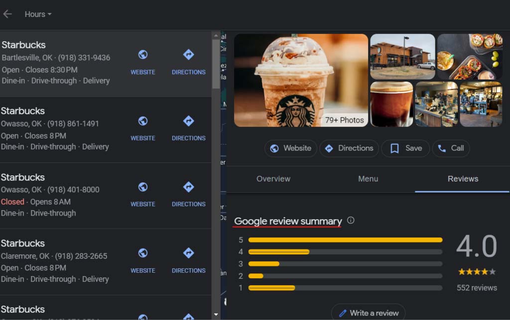 The customer reviews of Starbucks in the GMB listings