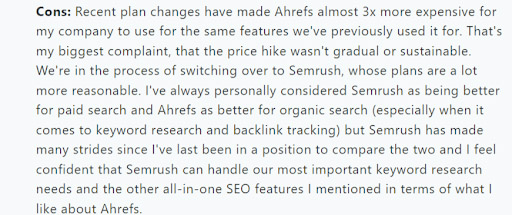 Customer reviews pointing out the high pricing of Ahrefs
