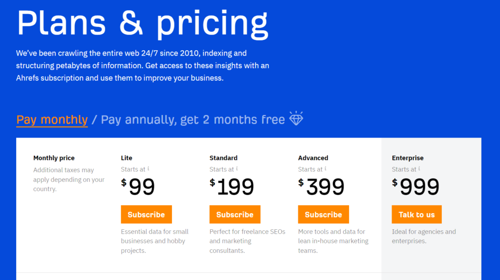 Ahrefs pricing page