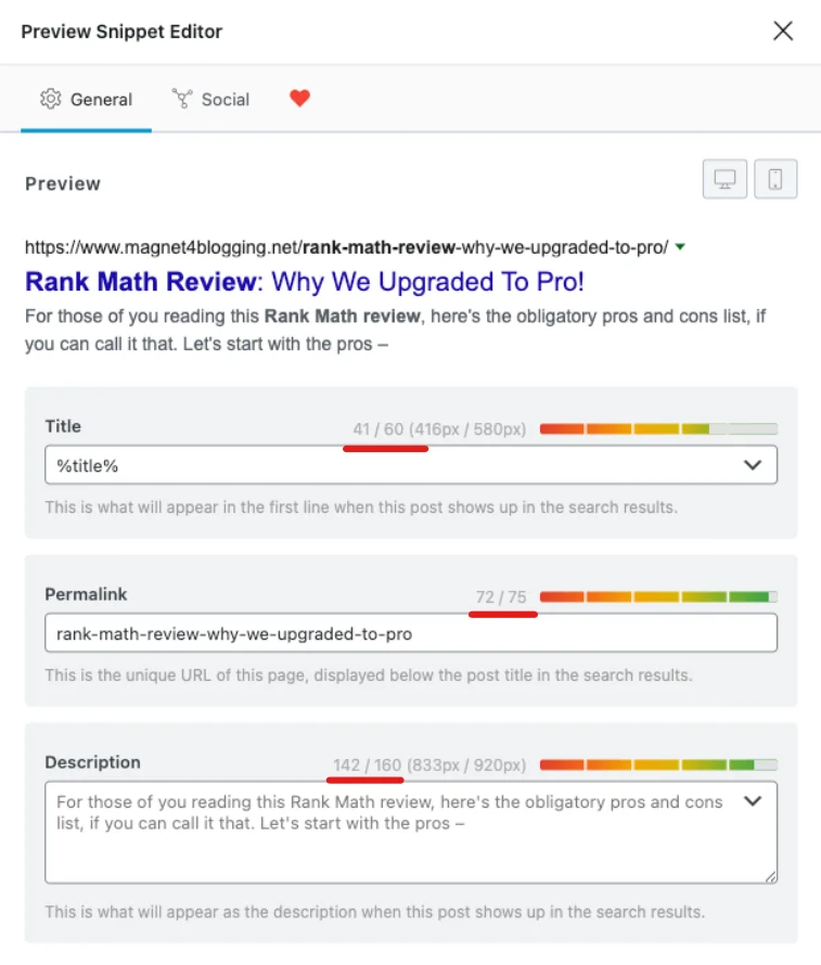 Meta title, URL slug, and meta description in rank math 