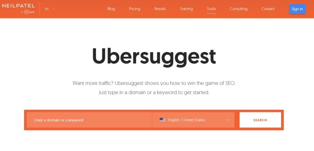 Ubersuggest Home Page