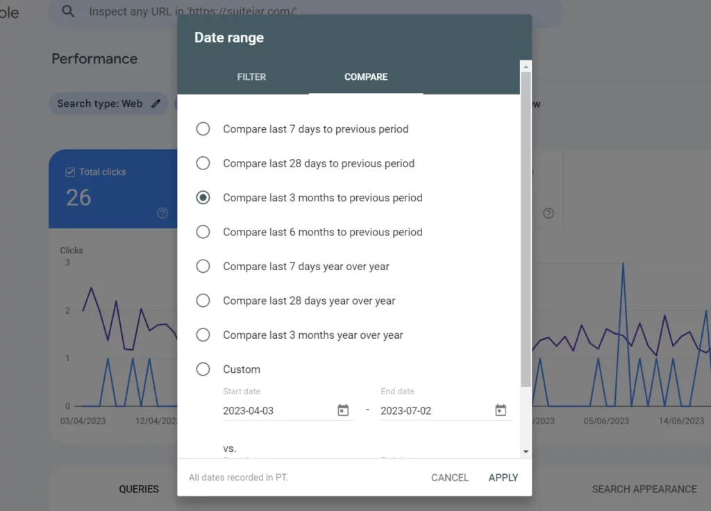 how to compare performance on Google search console