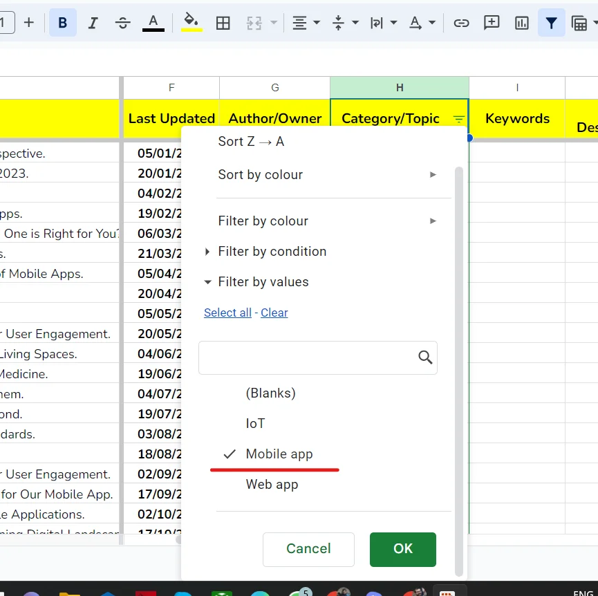 Google Data Sheet filter