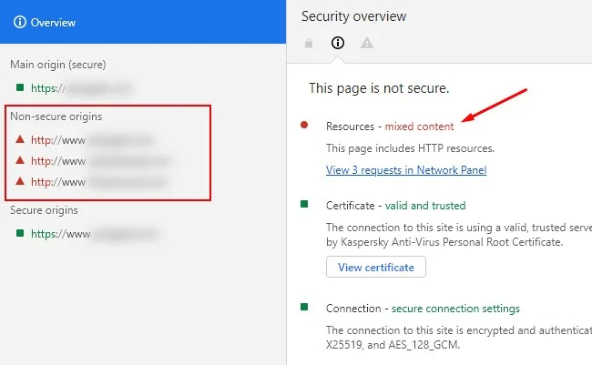 Security overview showing mixed content issue 