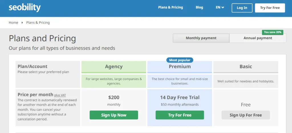 Seobility Pricing Plan