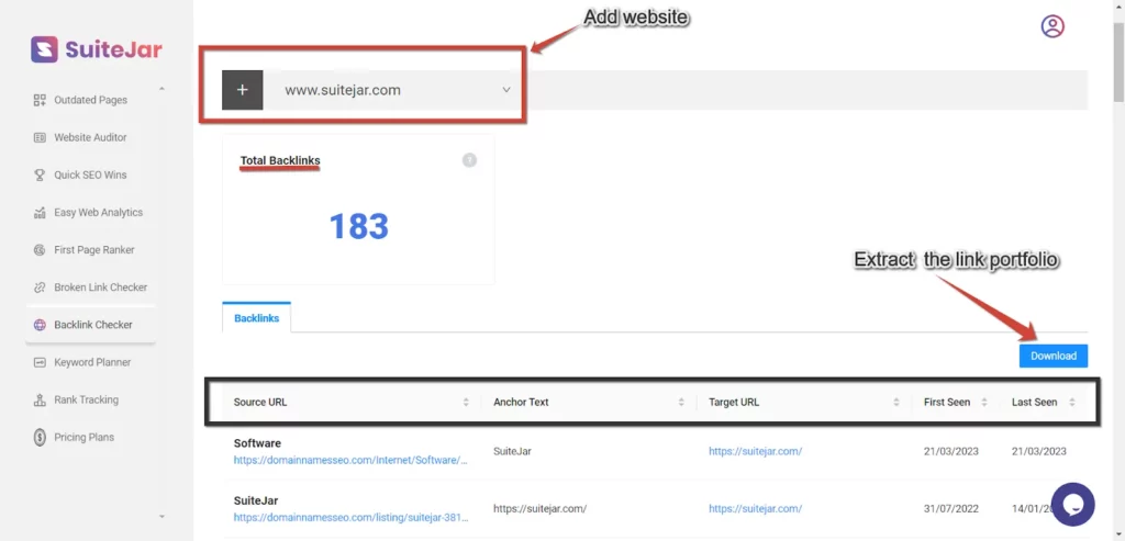  suitejar backlink checker page
