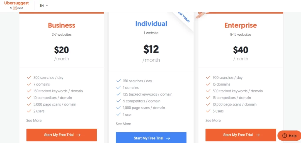 Ubersuggest pricing page
