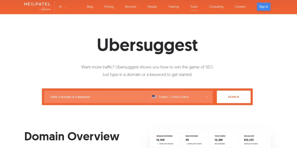  Ubersuggest home page
