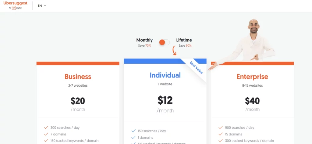 Ubersuggest pricing page
