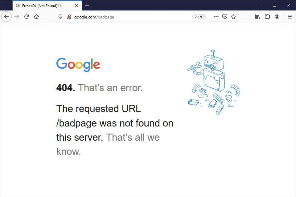 a webpage on Google showing a 404 error


