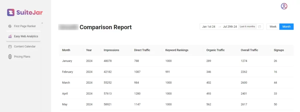 SuiteJar’s ”Easy Web Analytics” interface displaying key metrics