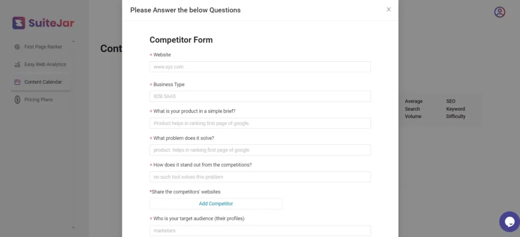 Competitor form on SuiteJar's 'Content Calendar' page