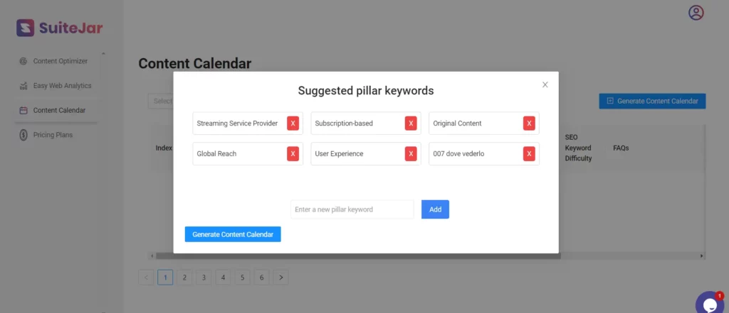 SuiteJar content calendar keywords suggesting interface